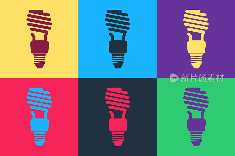 Pop art Energy saving light bulb icon isolated on color background. Vector